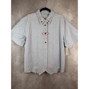NWT VTG Cabin Creek Button Shirt 20W Blue Striped Floral Embroidered Tie Back
